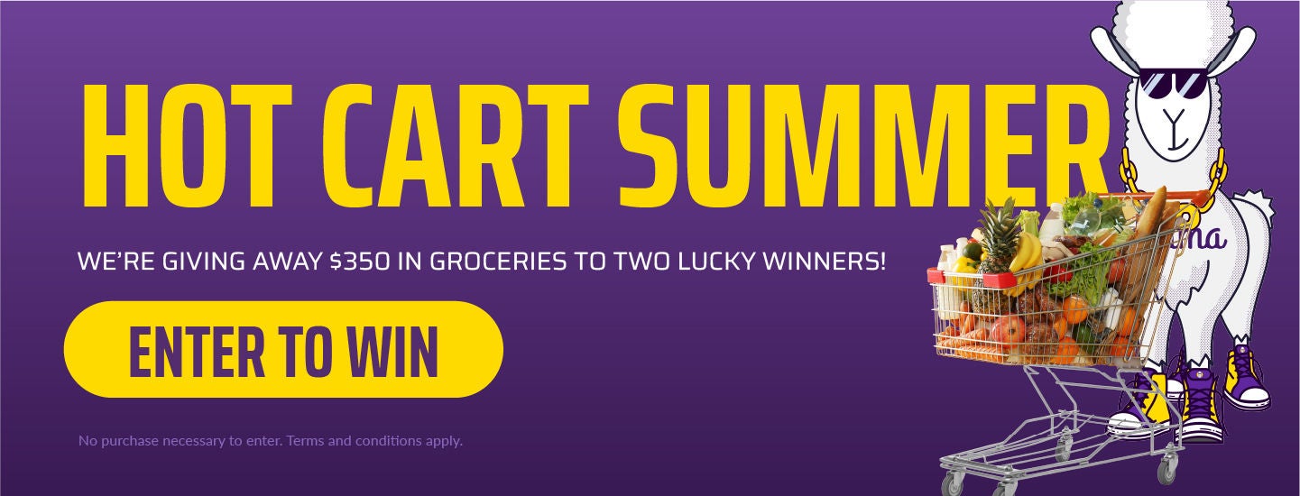 Promotion banner with the headline ‘Hot Cart Summer.’ Text reads: ‘We’re giving away $350 in groceries to two lucky winners!’ A cartoon llama wearing sunglasses stands beside a grocery cart full of fruits and vegetables. Button says ‘Enter to Win.’