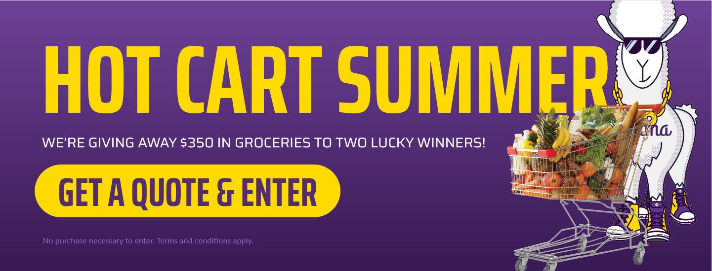 Promotion banner with the headline ‘Hot Cart Summer.’ Text reads: ‘We’re giving away $350 in groceries to two lucky winners!’ A cartoon llama wearing sunglasses stands beside a grocery cart full of fruits and vegetables. Button says ‘Get a Quote &Enter to Win.’